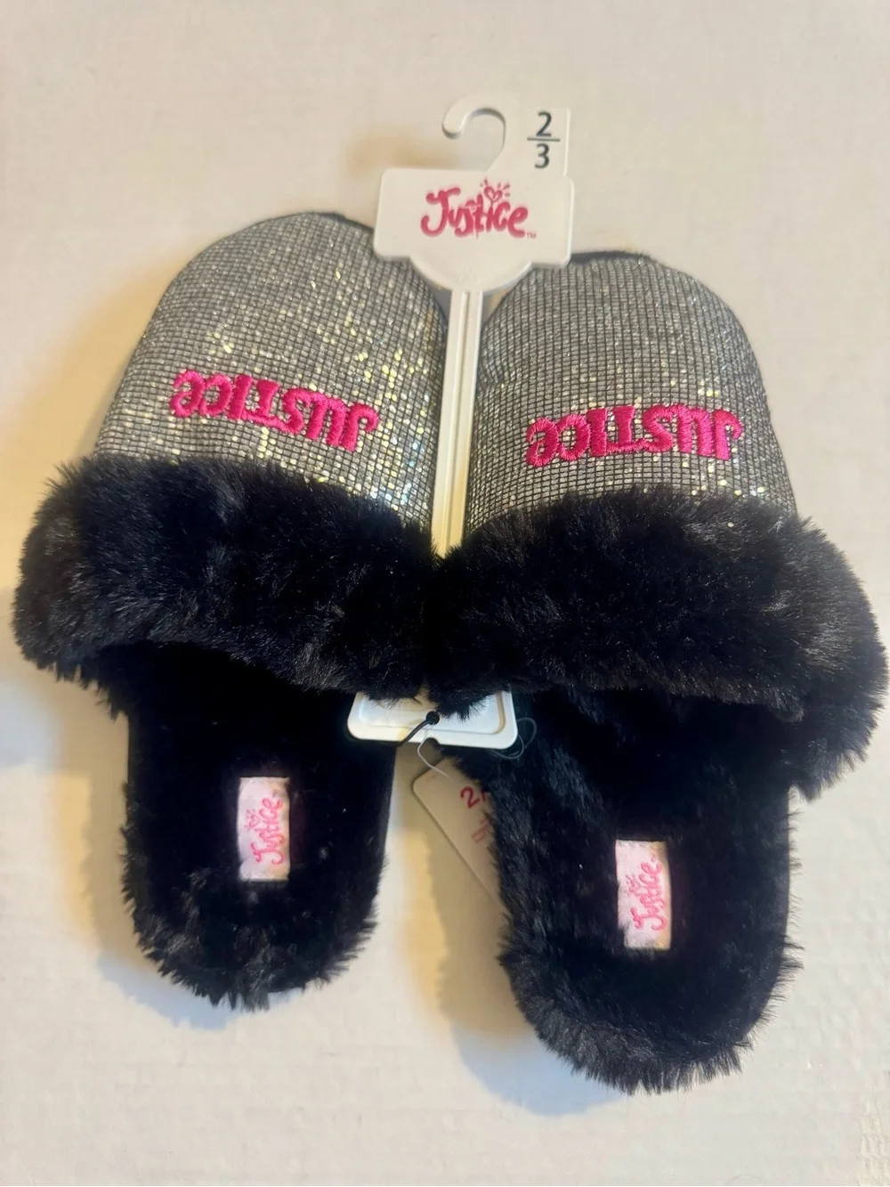 Justice Glitter Slide Slippers with Pink Logo and Black Faux Fur